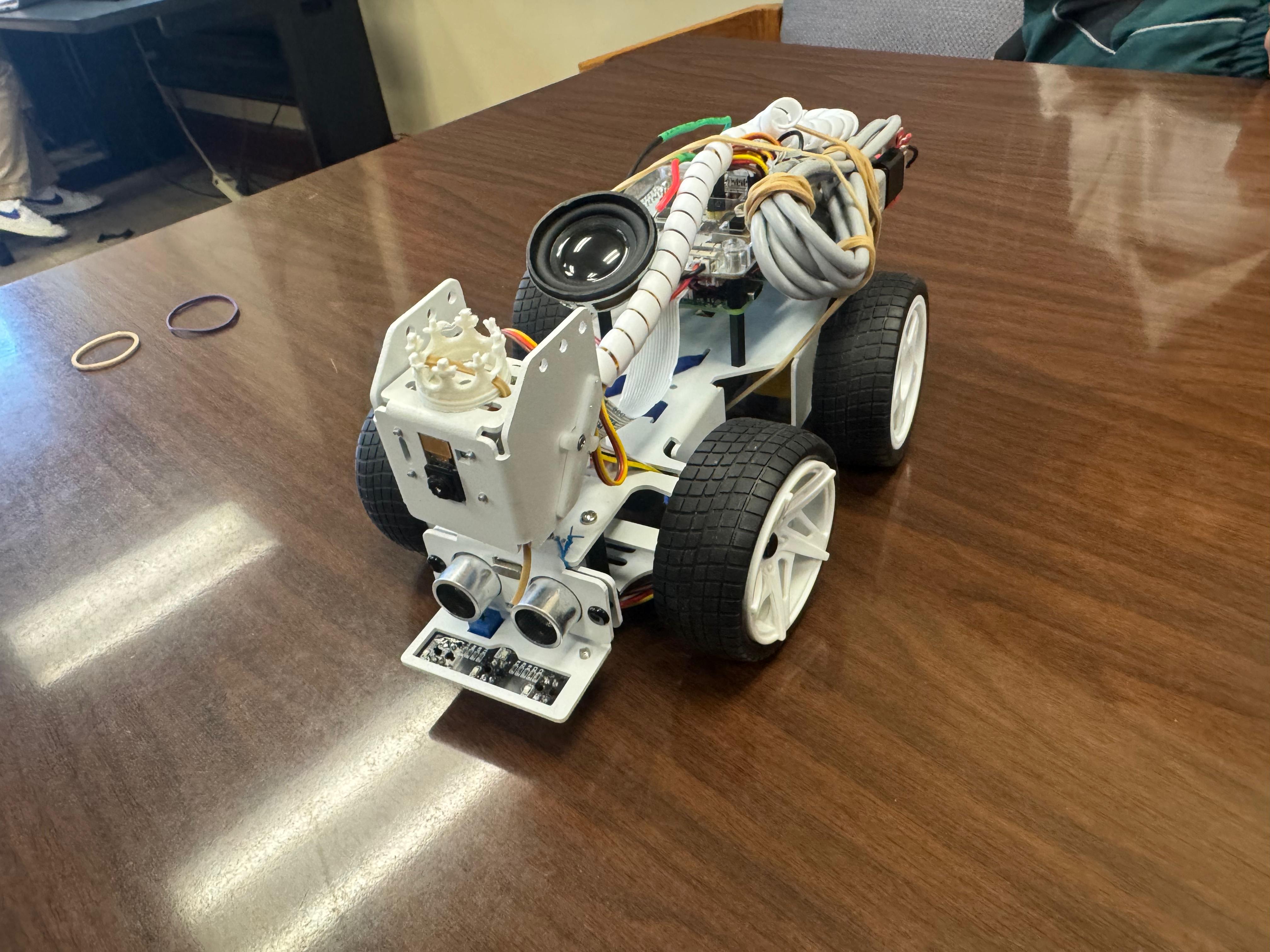Prince, our PiCar-X robot, wearing his 3D-printed crown